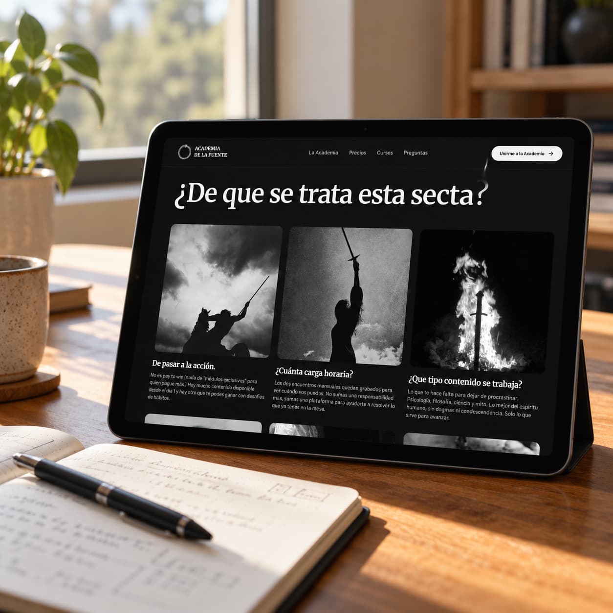 Tablet en un escritorio con luz de día mostrando el sitio de la academia