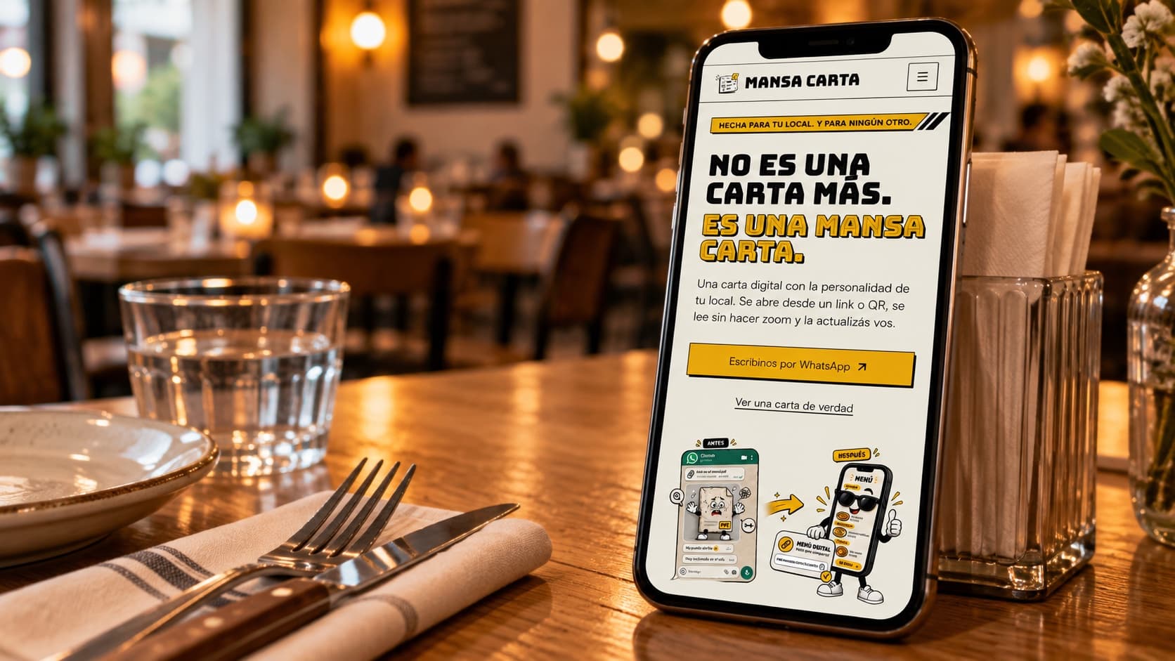 Teléfono sobre la mesa de un restaurante mostrando Mansa Carta