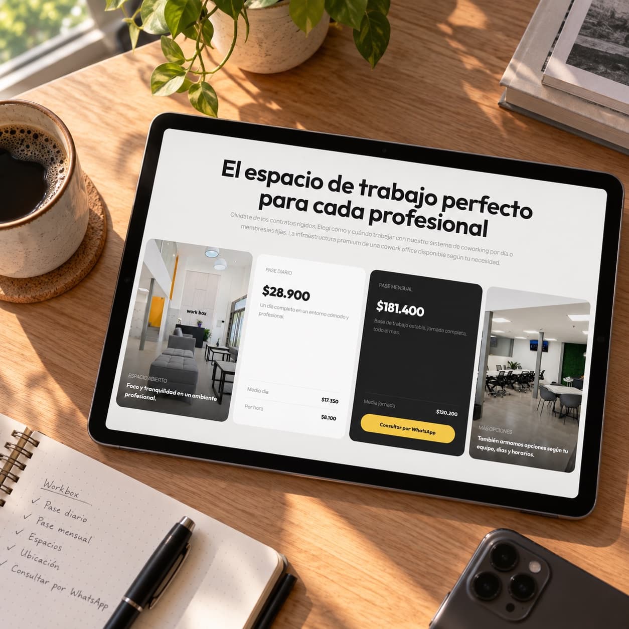 Tablet sobre un escritorio mostrando los precios de las membresías de Workbox