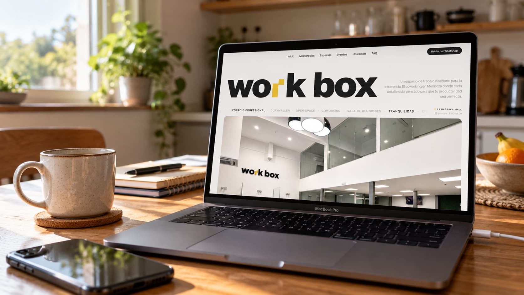 Portátil sobre la mesa de una cocina mostrando el sitio de Workbox